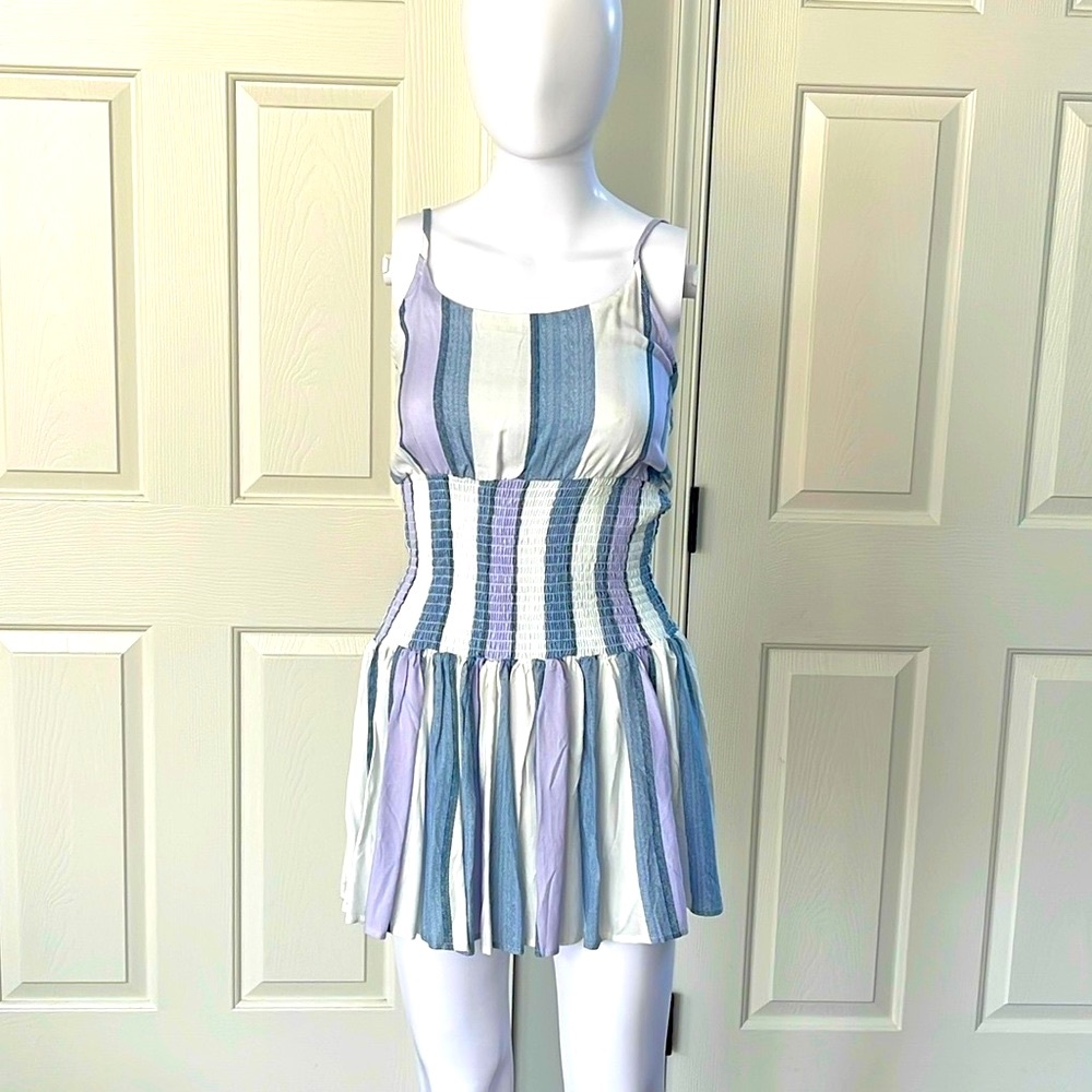 Ocean Drive Fiji Blue,White,Lilac Striped, Smocked Ruffle  Halter Mini Dress-S